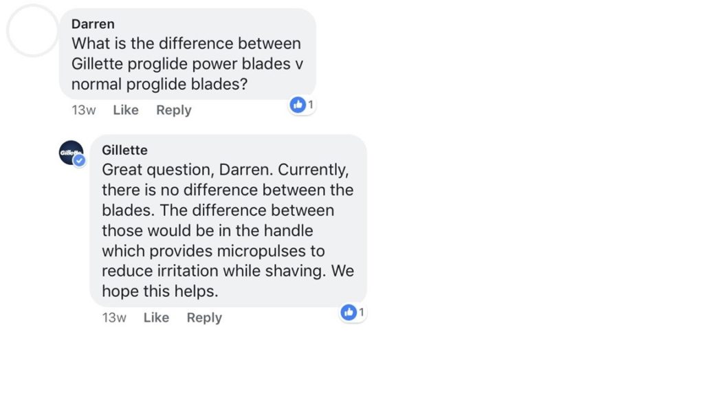 example of brand answering a question on social media- Gillette