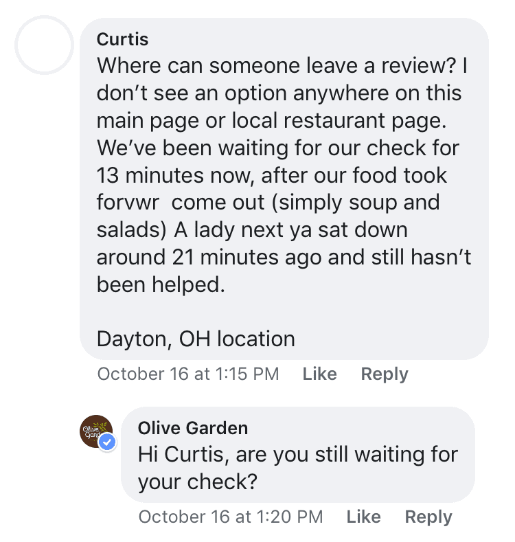 Quick response by Olive Garden