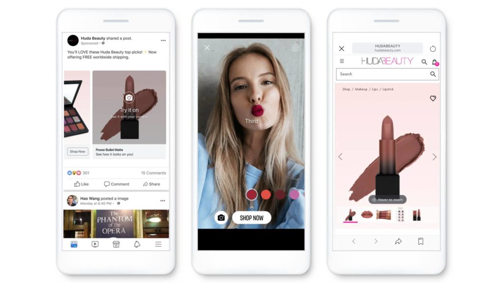 Examples of Facebook try-on ads with beauty products