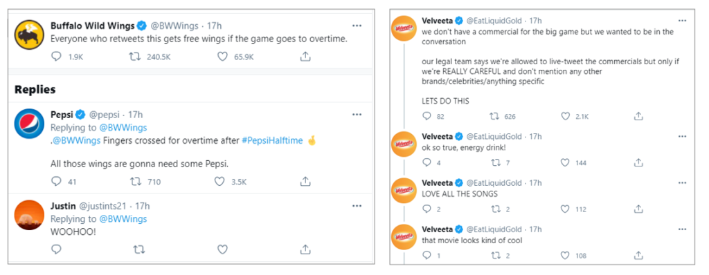 Super Bowl Tweets by Buffalo Wild Wings and Velveeta