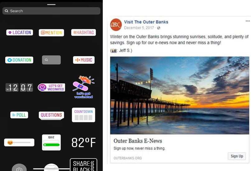 Screenshot of Instagram Stories native features along side a Facebook post from Visit The Outer Banks displaying a bold headline, CTA button, and the entire image and button are clickable.