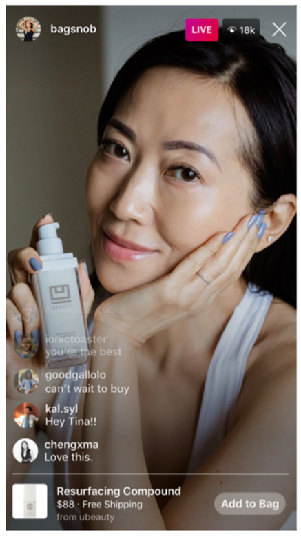 Instagram live video with the ability to purchase a skin care product directly. 