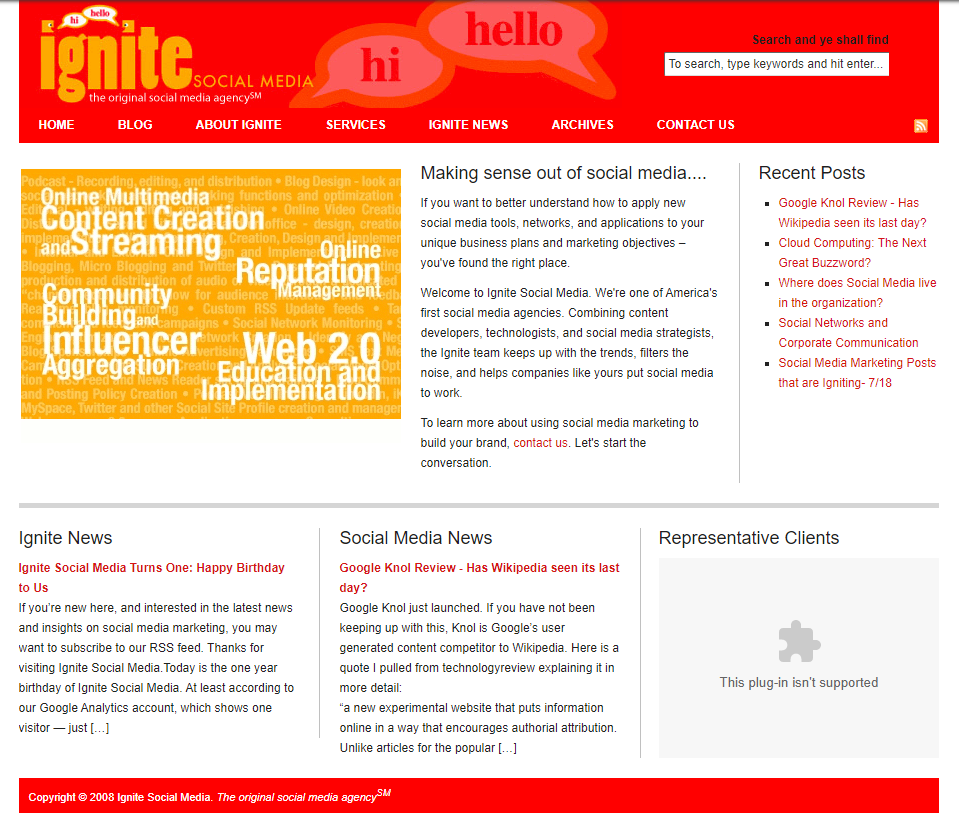 Screenshot of the Ignite website in July of 2008, right after our first birthday